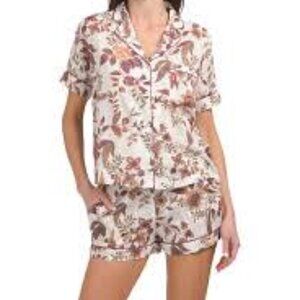 RACHEL ZOE 2 Piece Pajama Set: Printed Top & Shorts Linen Blend